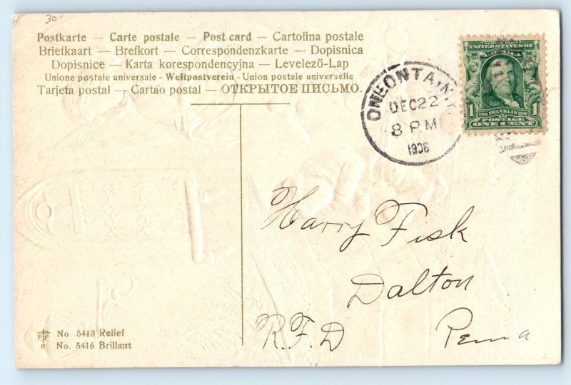 1906 Christmas Guardian Angel Giving Toys To Boy PFB Embossed Antique Postcard