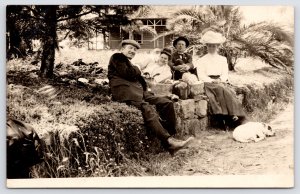 RPPC Look Who Tags Along Couples Leisurely Picnic!~Baskets~Pottery Jug~Dog Naps