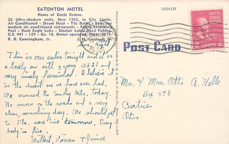 EATONTON, GA Georgia  Eatonton MOTEL Home  UNCLE REMUS  1953  Roadside  Postcard
