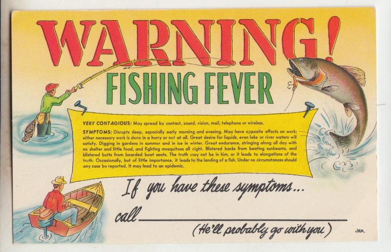 P2737 vintage postcard fishing fever warning if you have symptons call, unused