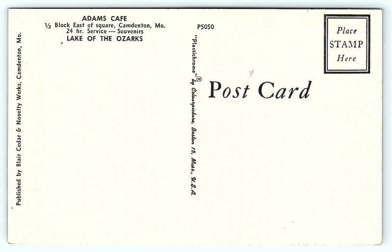 Postcard MO Camdenton Adams Cafe Restaurant 1950's Old Cars Ozarks B29