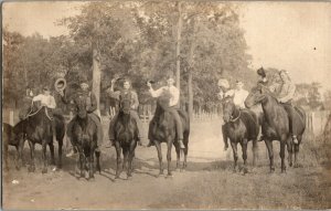 RPPC Young Men Waving Their Hats, Horseback Real Photo Vintage Postcard H50