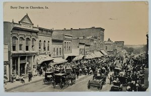 Cherokee IA Street Scene, Busy Day Crowds, Wagons 1914 to Wood Lake Postcard AA2