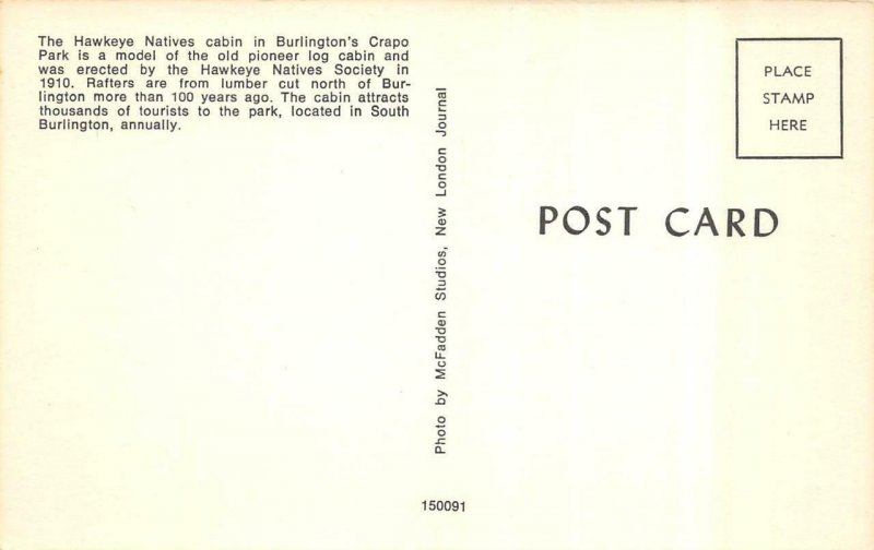 BURLINGTON, Iowa IA   HAWKEYE NATIVES PIONEER LOG CABIN~Crapo Park   Postcard