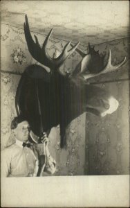 Unusual Man Poses w/ Gun by Moose Head Hunting Taxidermy So. Londonderry VT