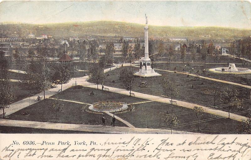 York Pennsylvania~Penn Park~Men on Path~Soldiers Monument~Cannons~Pavilion~1906