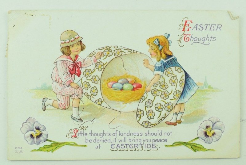 C.1900-10 Easter Colored Eggs Nest Cute Girls Children Vintage Postcard F56