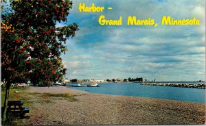 Harbor Grand Marais Minnesota Scenic Lake Shoreline Boats Chrome Postcard 