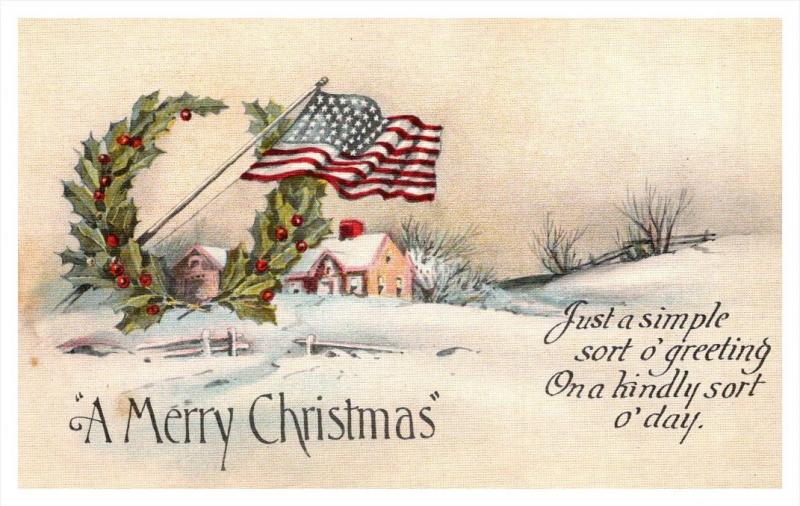 8095   Christmas  Home in Winter, American flag, poem