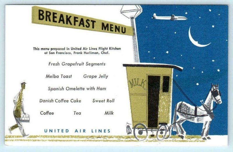 UNITED AIR LINES Airlines BREAKFAST MENU Milk Wagon Chef Frank Hurliman Postcard