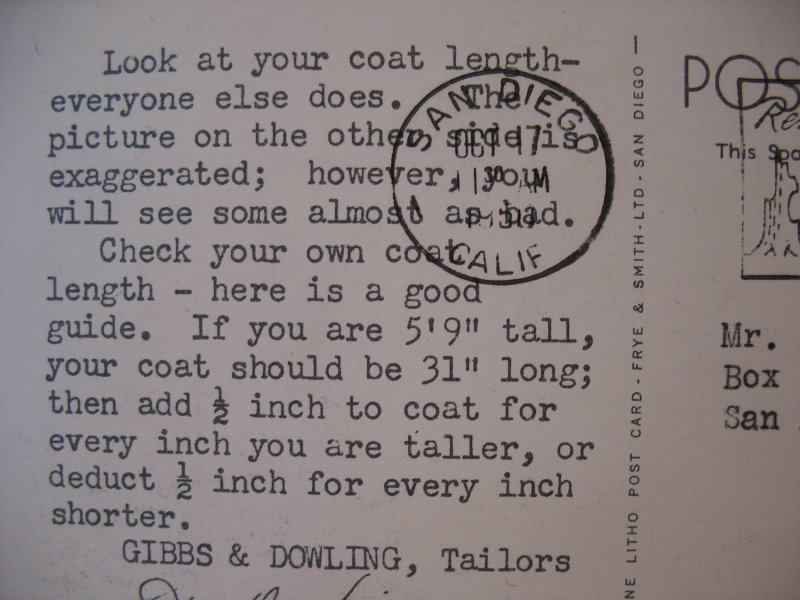 SAN DIEGO, CA ~ 1950 advertising for GIBBS & DOWLING, Tailors. Signed J. Dowling