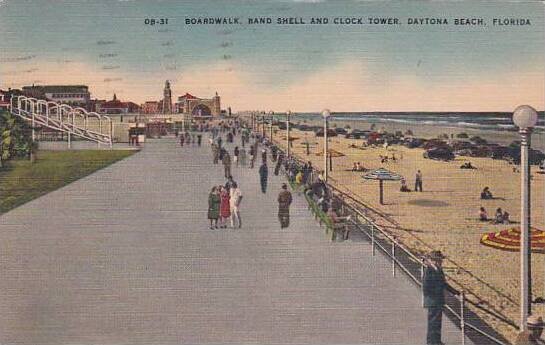 Florida Daytona Beach Boardwalk Band Shell And Clock Tower  1949