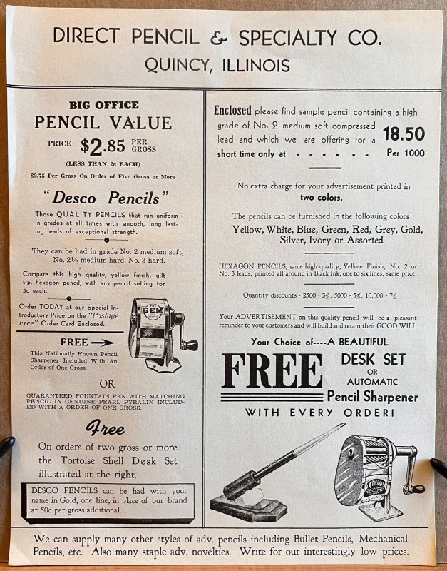 Direct Pencil & Specialty Company Quincy IL Illinois Vintage Advertising Flyer