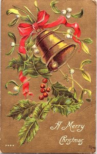 Vintage 1900s A Merry Christmas with Bell & Holly Lithograph Postcard