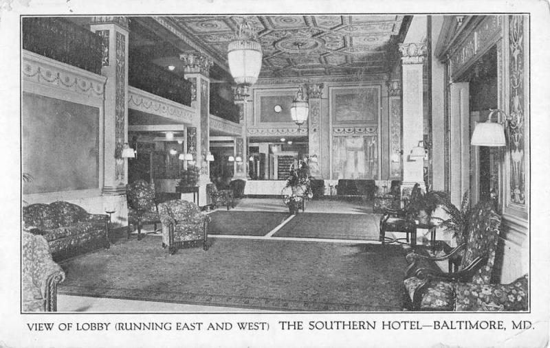 Baltimore Maryland Southern Hotel Lobby Interior Antique Postcard K56850