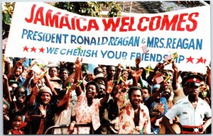 VINTAGE POSTCARD JAMAICA CROWDS WELCOME PRESIDENT AND MRS RONALD REAGAN 1982