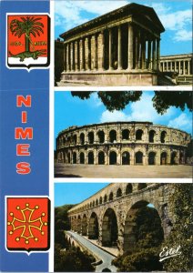 Postcard France Nimes multivew Masion Carree, Les arenes, Le pont du Gard