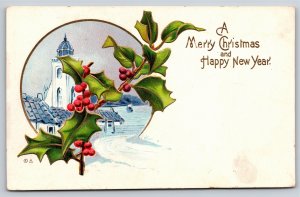 Greetings~Church In Circle Holly Christmas & New Year~NASH Vintage Postcard