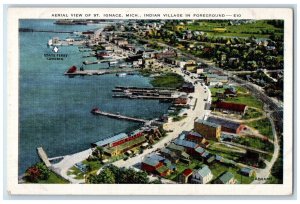 c1940 Aerial View St Ignace Indian Village Foreground Michigan Vintage Postcard 