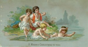 Victorian Christmas Card Boys Playing in Lake Splashing Holiday Wishes P49 