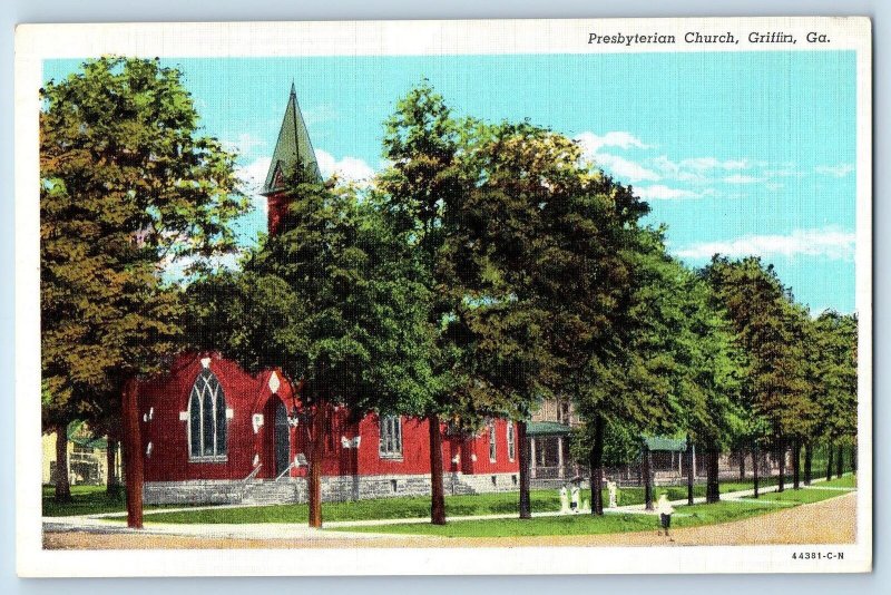 Griffin Georgia GA Postcard Presbyterian Church Exterior Roadside c1940's Trees