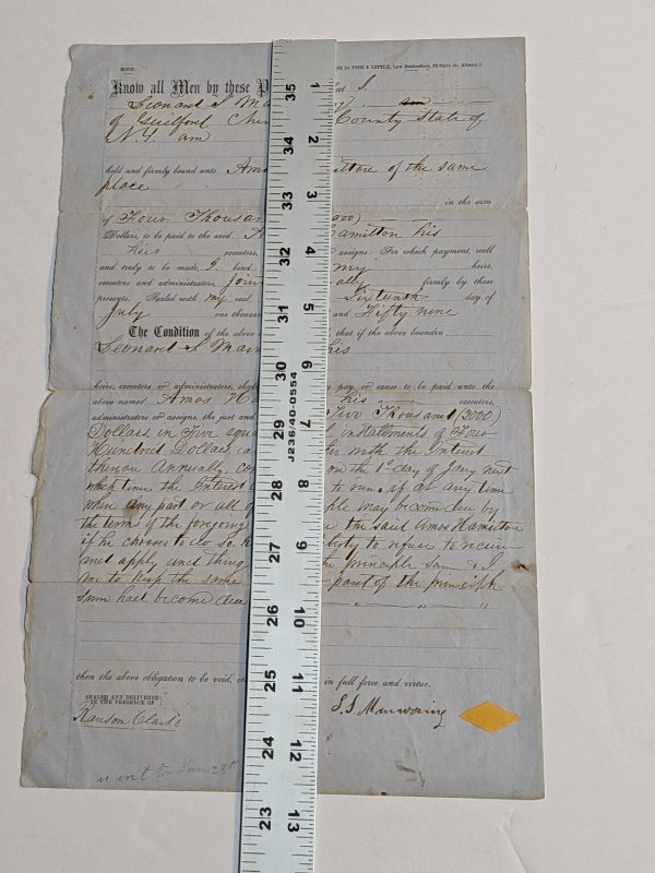 1859 Signed Handwritten Bond Document Guilford NY Financial Agreement