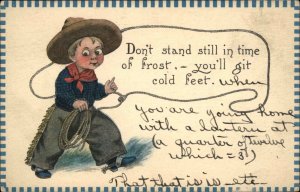 Children Comic Boy Cowboy Flirting c1910s Postcard