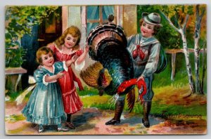 Thanksgiving Greetings Victorian Boy Showing Girls Turkey Postcard V22