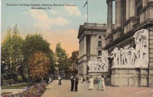 Pennsylvania Harrisburg Entrance To State Capitol Showing Barnard Statues 1914