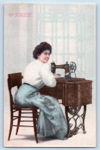 Skowhegan Maine ME Postcard The Free Woman With Sewing Machine Advertising