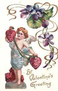 Vintage Postcard 1909 Saint Valentine's Greeting Cute Little Angel Hearts