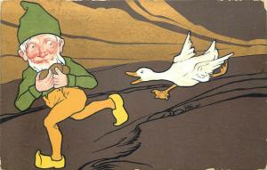 c1910 Fantasy Art Postcard Gnome Steals Golden Eggs and Runs from Angry Goose 