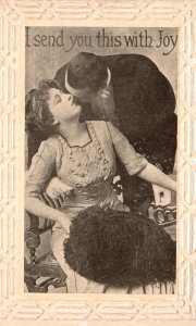 Vintage Postcard Lovers Couple Kissing I Send You This With Joy Sweet Romance