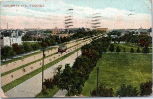 Broadway Ave, Winnipeg with Trolley car Manitoba Canada postcard