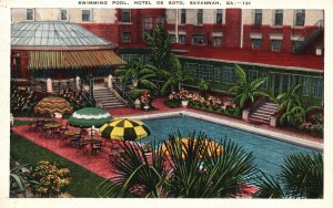 Vintage Postcard 1930's Swimming Pool Hotel De Soto Savannah Georgia GA