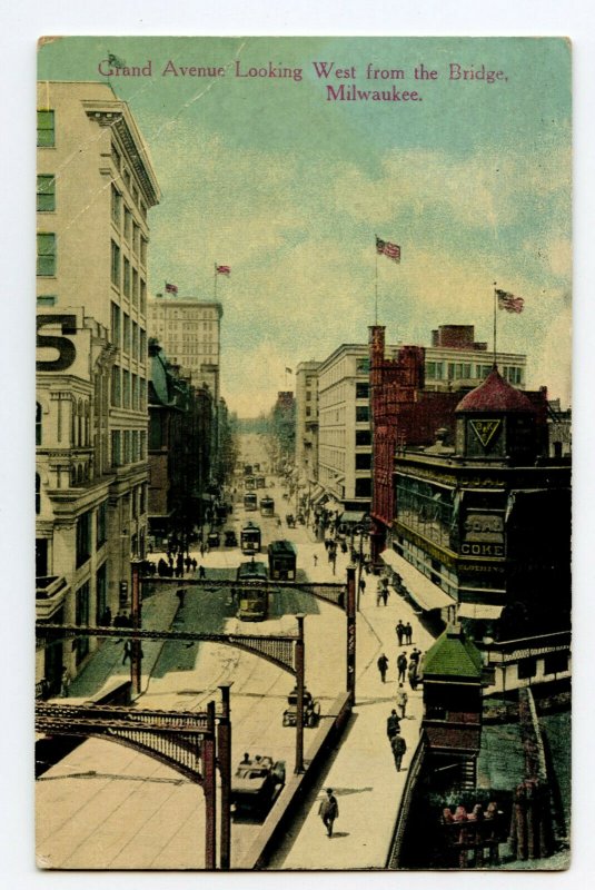 Postcard Grand Avenue Looking West From Bridge Milwaukee WI Standard View Card 