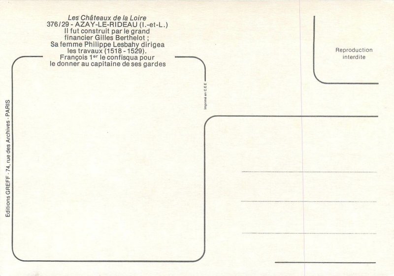 Postcard France les chateaux de la Loire Azay le Rideau multiview