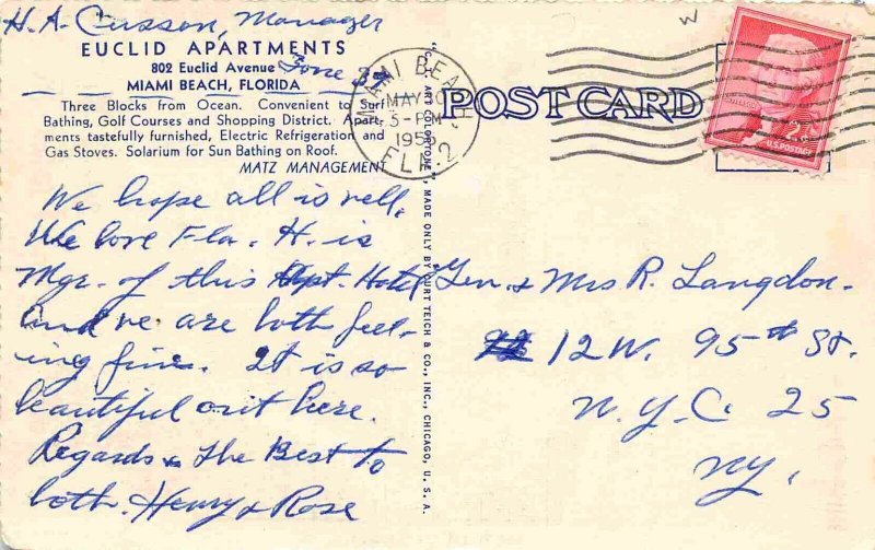 Euclid Apartments Lobby Interior Miami Beach Florida 1956 linen postcard