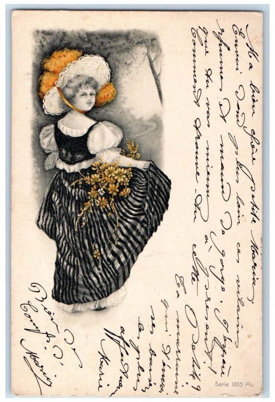 1901 Woman Feather Hat With Flowers Liege Belgium Posted Antique Postcard