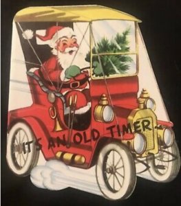 Scarce Vintage Christmas Card Santa Riding A Car Mid Century Unused Envelope