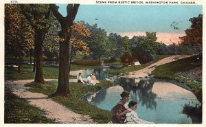 Vintage Postcard 1920s Scene From Rustic Bridge Washington Park Chicago Illinois