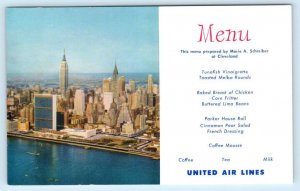 UNITED AIRLINES MENU Advertising ~ MANHATTAN Birdseye Marie Schreiber Postcard