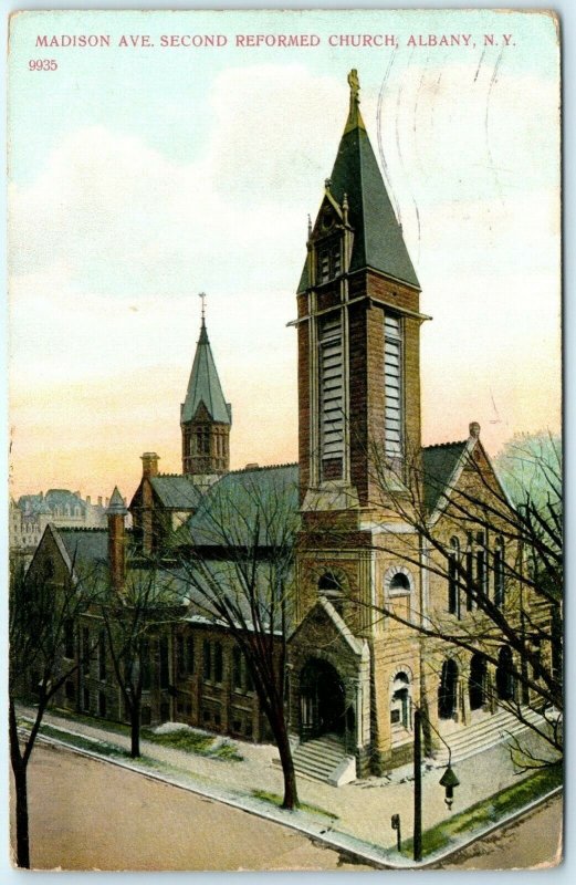 c1910s Albany NY, Madison Avenue Second Reformed Church Litho Photo Postcard A27