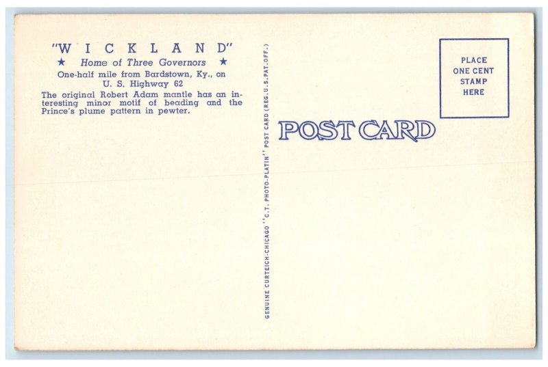 c1920's Wickland Home Of Three Governors Interior Bardstown Kentucky KY Postcard