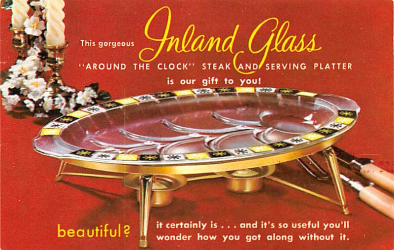 Inland Glass Steak and Serving Platter Advertising Typing on back 