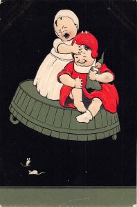 Comic Humor Children 1907 Girls Scared of Mice Doll Barrell emboss postcard C357