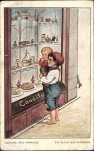 Boy and Little Brother Look in Store Window Desserts c1910 Vintage Postcard