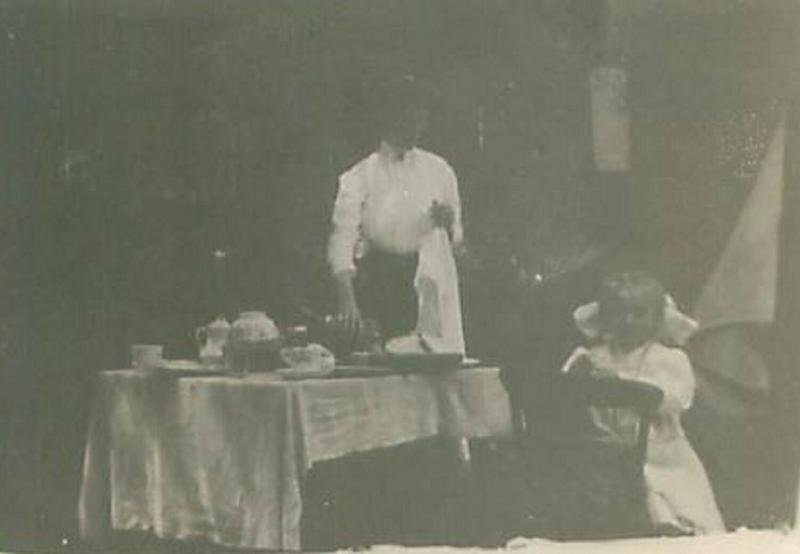 Gibson Girl Preparing Meal, Girl with Big Bow, Table Setting, RPPC 