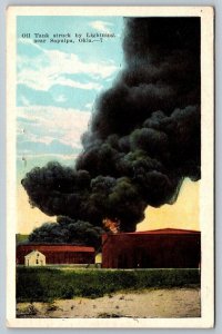 Vintage Oklahoma Postcard - Oil Tank Struck By Lightning  Sapulpa