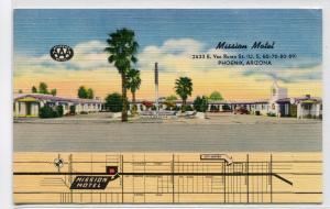 Mission Motel Map US 60 70 80 89 Phoenix Arizona linen postcard